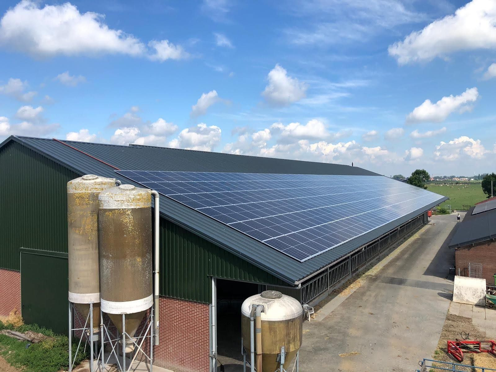 Agrarisch bedrijf in Dalfsen met zonnepanelen op het dak en silo's van de biogasinstallatie